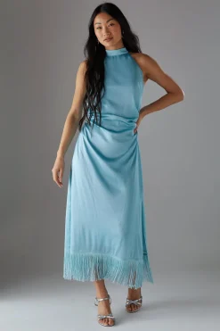 Petite Crinkle Satin Halter Fringe Midi Dress | Nasty Gal