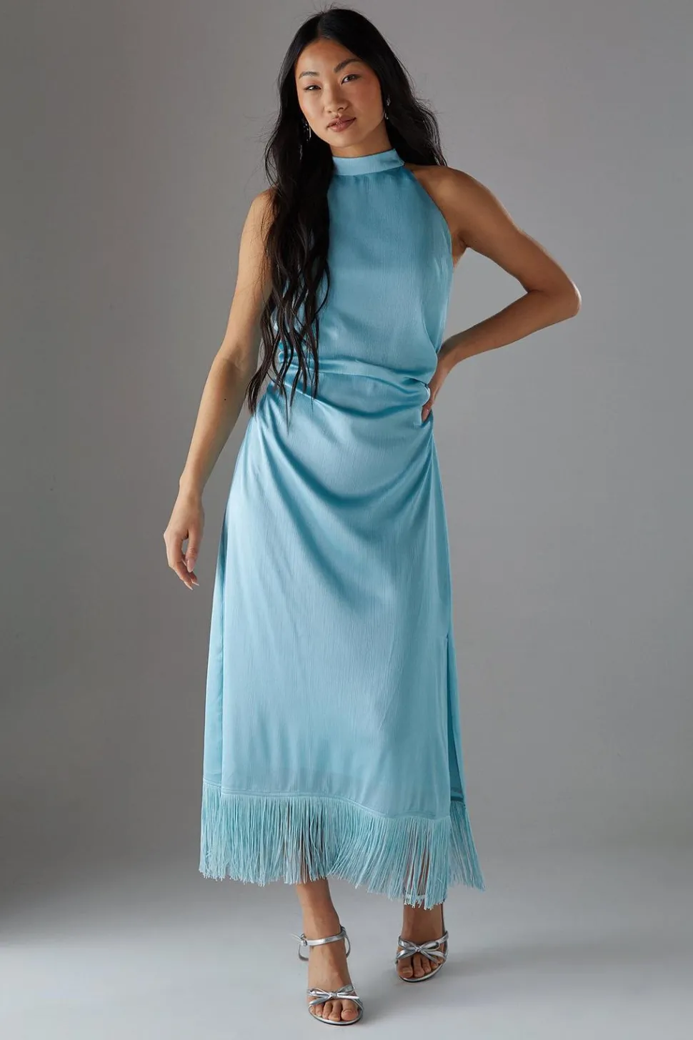 Petite Crinkle Satin Halter Fringe Midi Dress | Nasty Gal