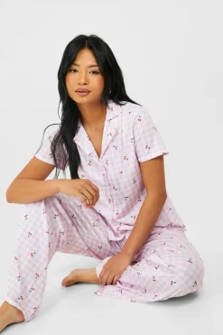 Petite Gingham Check & Cherry Print Short Sleeve Shirt & Trousers Pyjama Set | Nasty Gal