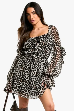 Petite Leopard Chiffon Ruffle Mini Dress | Nasty Gal