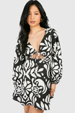 Petite Mono Printed Linen Look Mini Dress | Nasty Gal