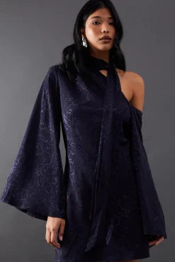 Petite Satin Jacquard Tie Neck Asymmetric Shoulder Mini Dress | Nasty Gal