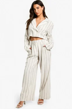 Petite Stripe Linen Look Wide Leg Trouser | Nasty Gal