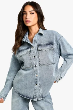 Petite Stud Detail Denim Oversized Shirt | Nasty Gal