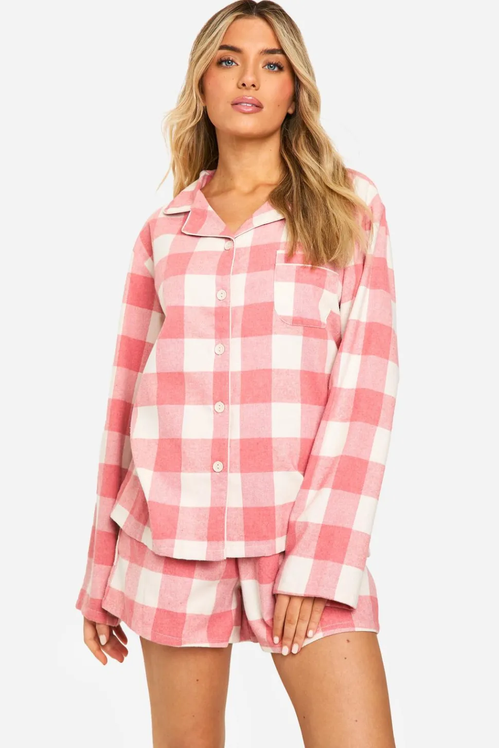 Pink Check Flannel Long Sleeve Shirt & Shorts Pyjama Set | Nasty Gal