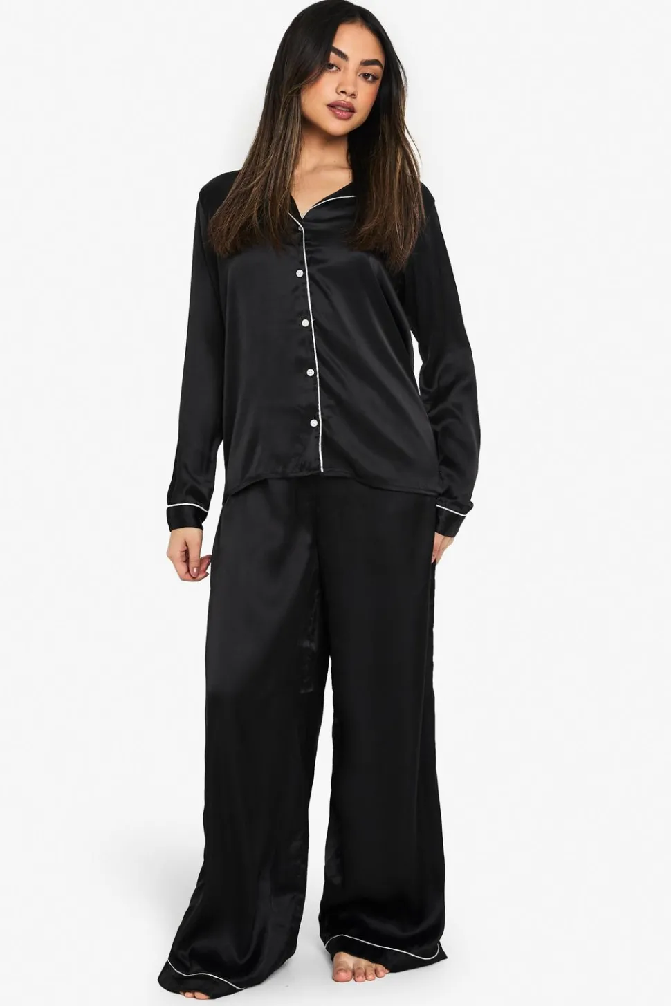 Piping Detail Satin Long Sleeve Shirt & Trousers Pyjama Set | Nasty Gal
