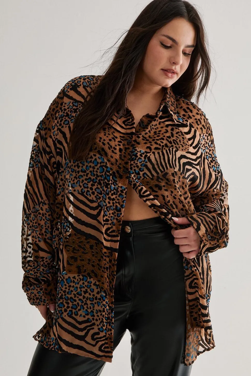Plus Devore Leopard Zebra Oversized Sheer Shirt | Nasty Gal