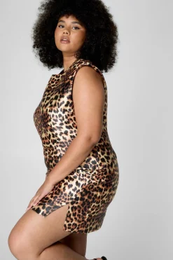 Plus Leopard Structured Satin Shoulder Pad Side Split Mini Dress | Nasty Gal