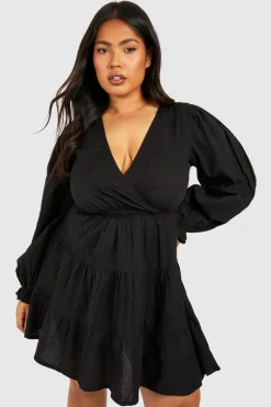 Plus Linen Feel Plunge Tiered Mini Dress | Nasty Gal