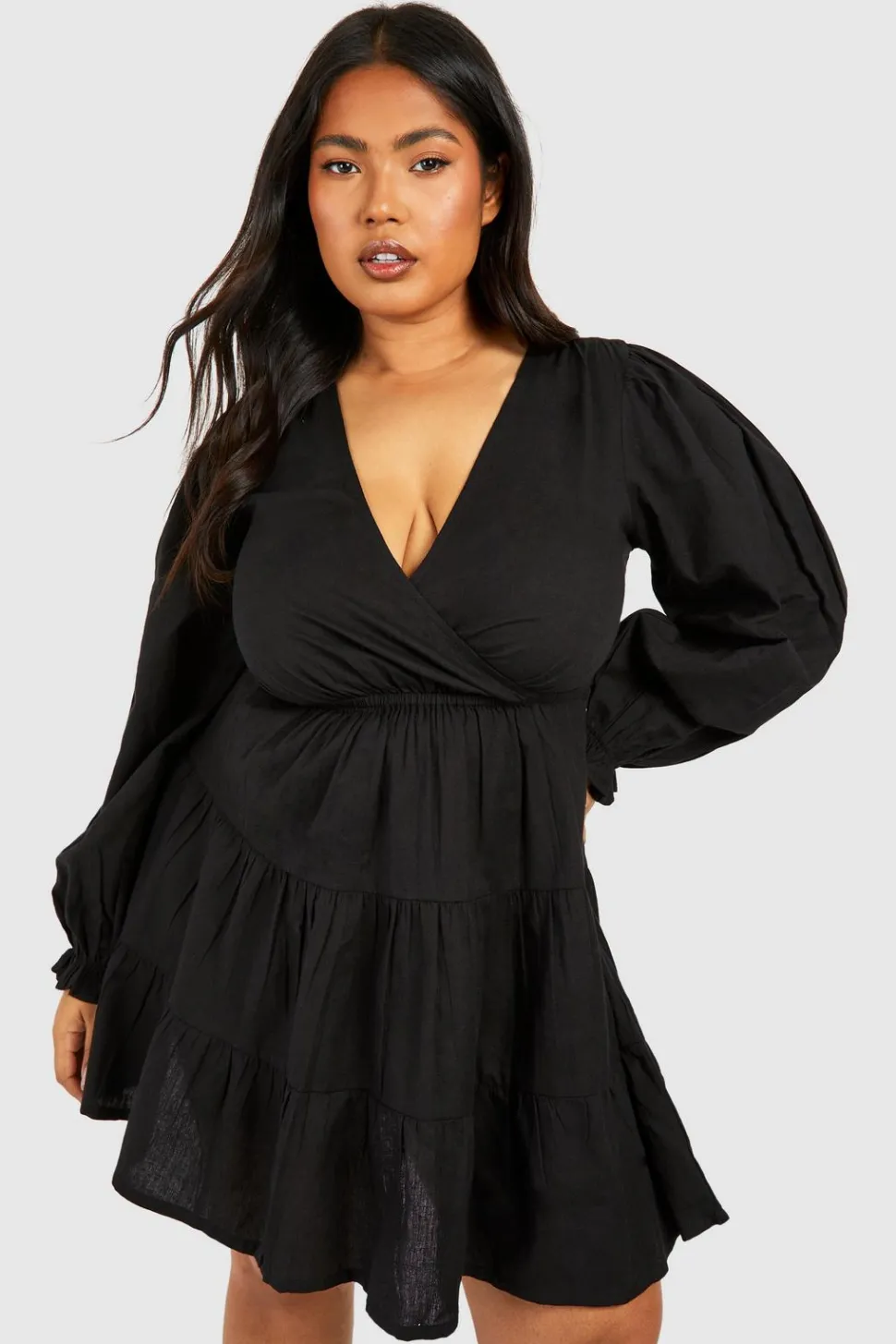 Plus Linen Feel Plunge Tiered Mini Dress | Nasty Gal