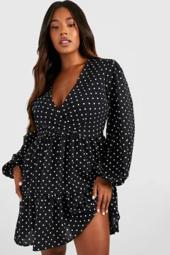Plus Polka Dot Wrap Balloon Smock Dress | Nasty Gal