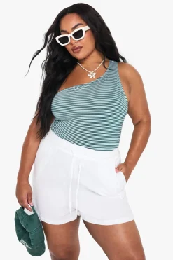 Plus Seersucker Stripe One Shoulder Swimsuit | Nasty Gal