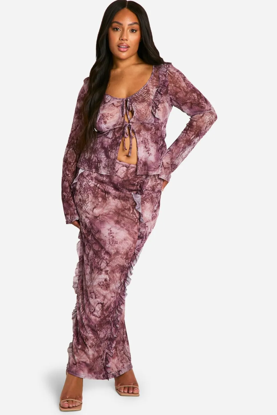 Plus Snake Print Mesh Ruffle Top & Maxi Skirt Co Ord | Nasty Gal