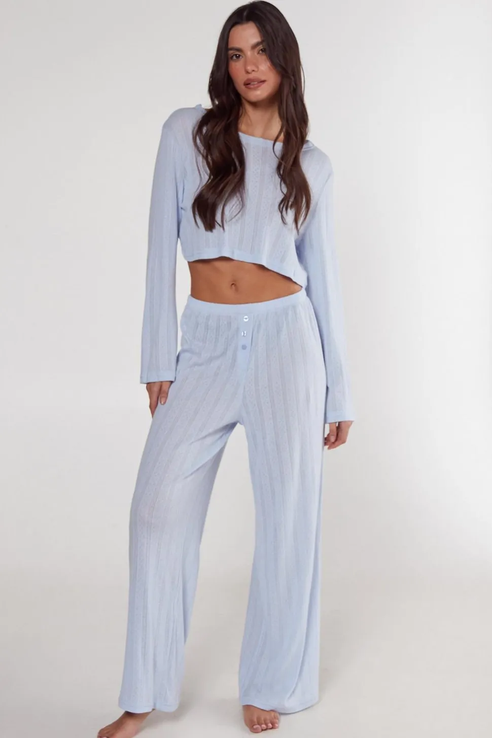 Pointelle Long Sleeve Cropped Top And Trouser Pajama Set | Nasty Gal