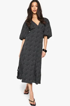 Polka Dot Puff Sleeve Tie Back Midi Dress | Nasty Gal
