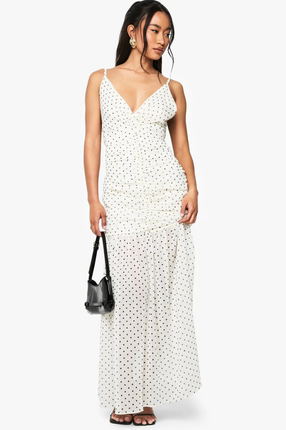 Polka Dot Ruched Plunge Maxi Dress | Nasty Gal