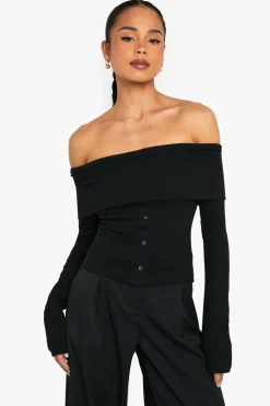 Popper Detail Off The Shoulder Long Sleeve Top | Nasty Gal