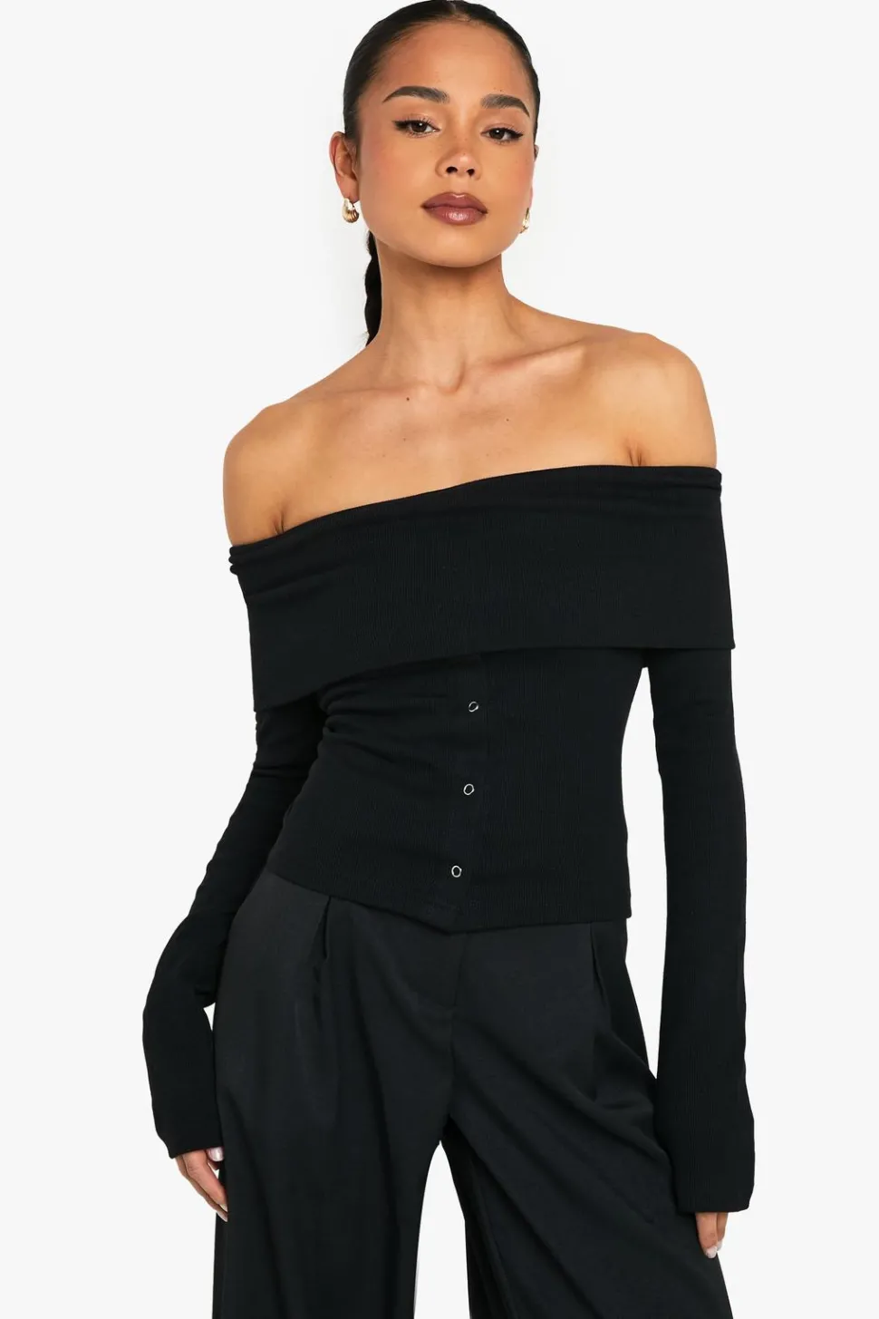 Popper Detail Off The Shoulder Long Sleeve Top | Nasty Gal