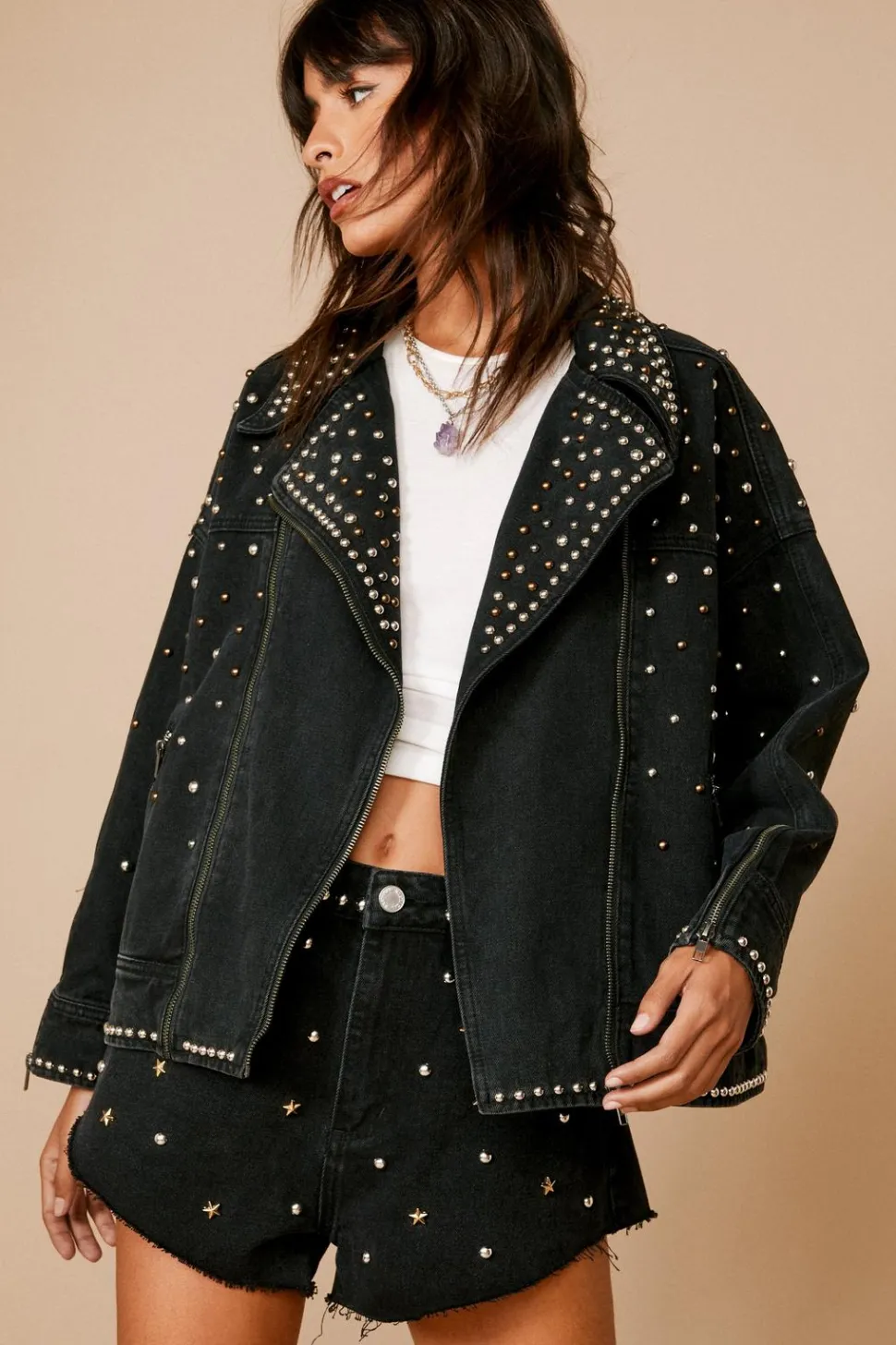 Premium Embellished Studded Denim Moto Jacket | Nasty Gal
