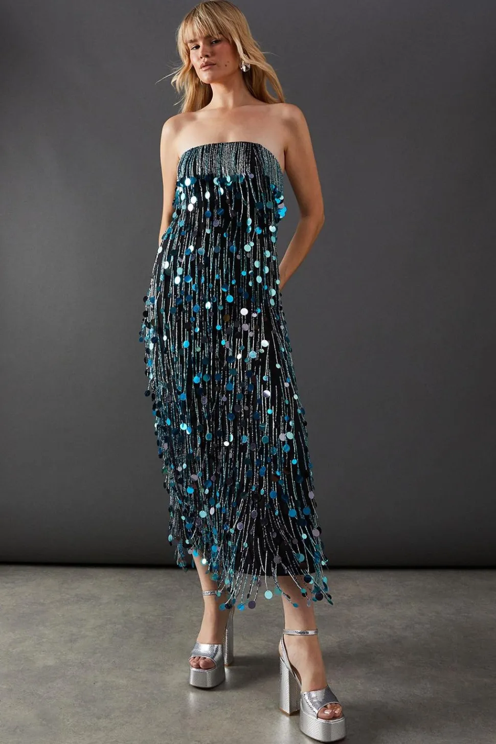 Premium Fringe Bead Embellished Sequin Bandeau Midi Dress | Nasty Gal