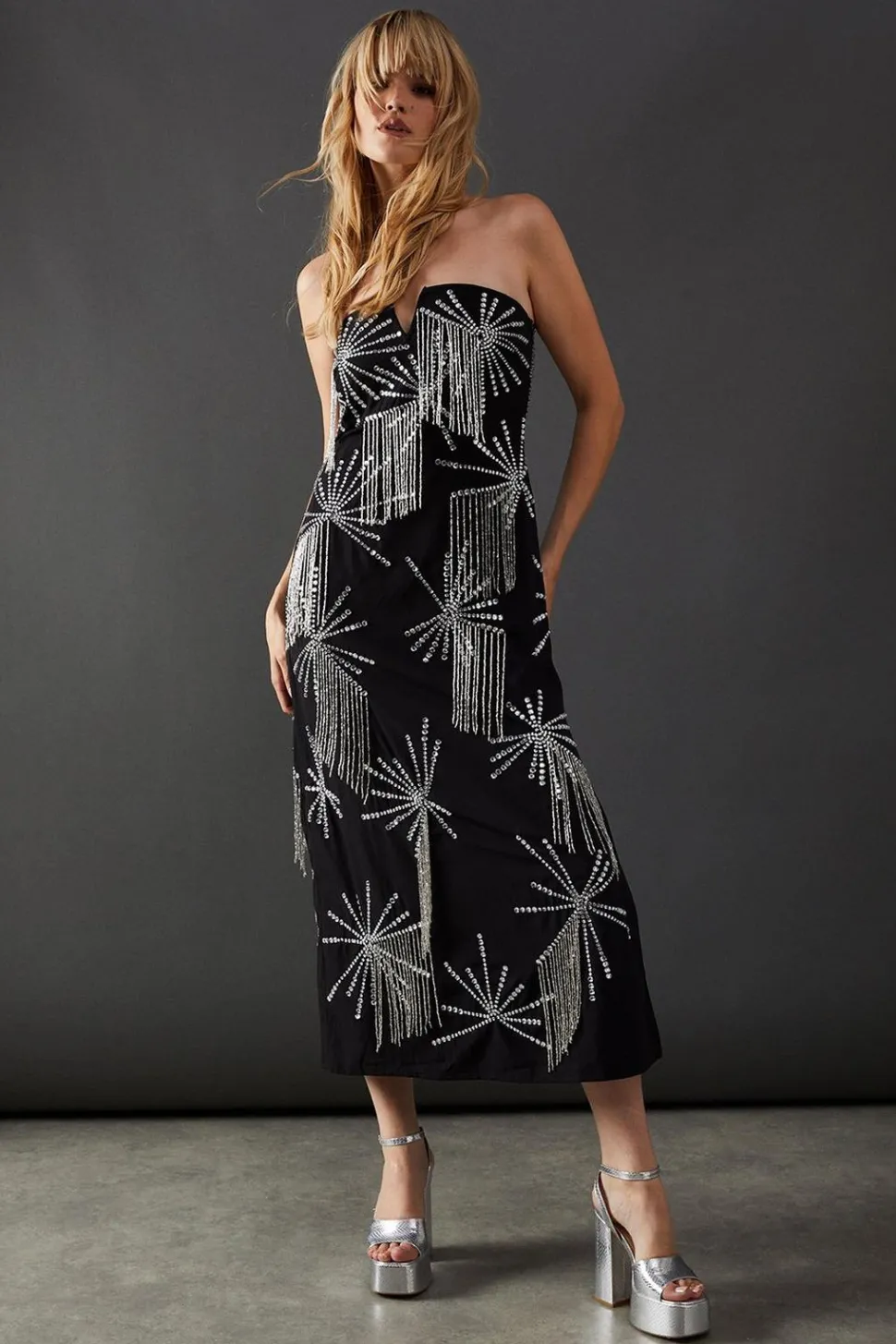 Premium Hand Embellished Sequin Bandeau Fringe Starburst Midi Dress | Nasty Gal