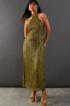 Premium Hand Embellished Sequin Mirror Bead Halter Midi Dress | Nasty Gal