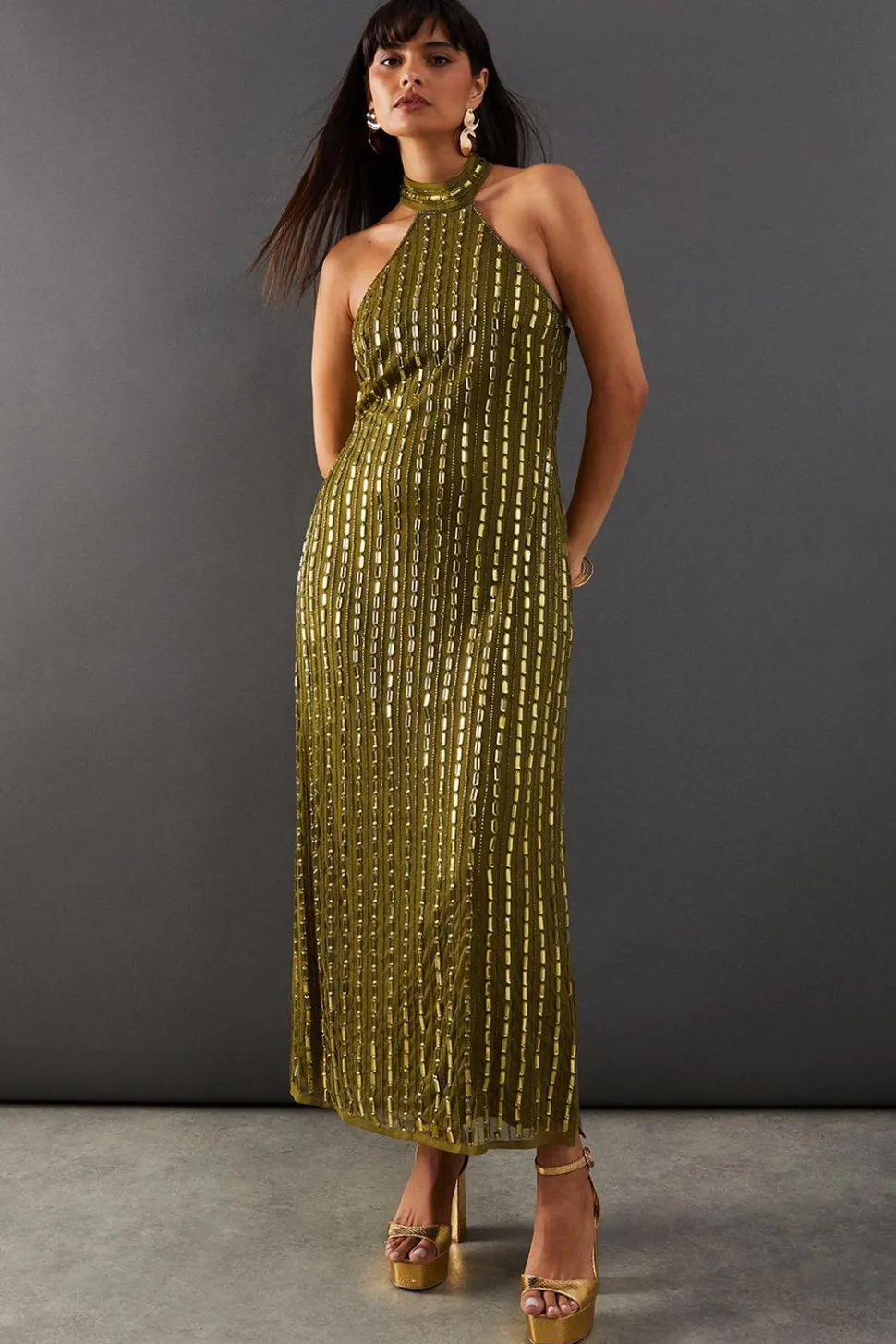 Premium Hand Embellished Sequin Mirror Bead Halter Midi Dress | Nasty Gal