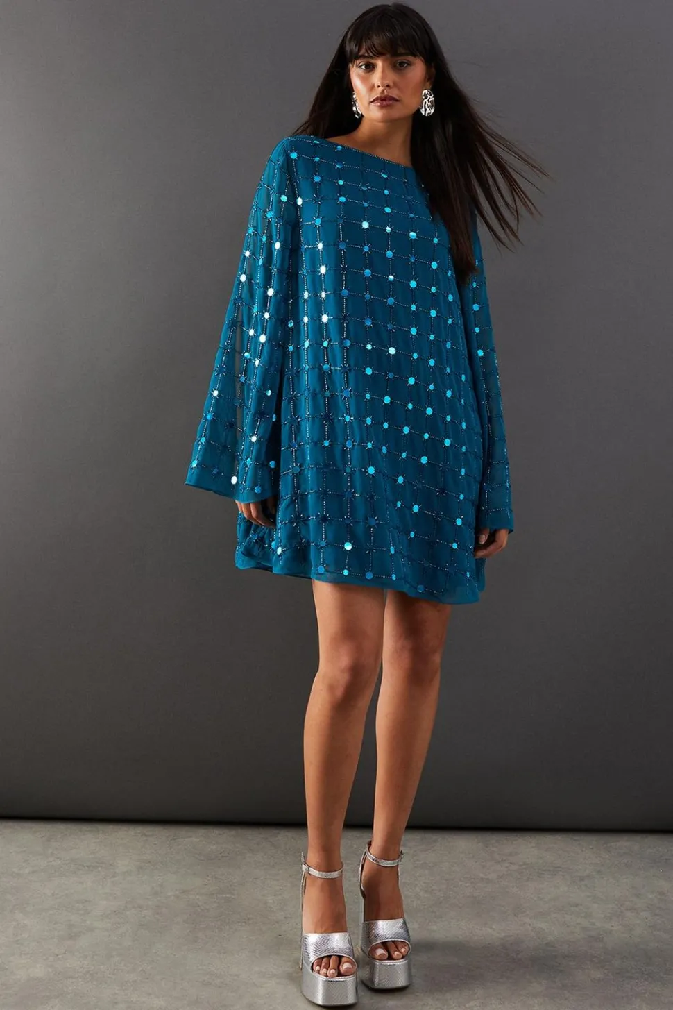 Premium Hand Embellished Sequin Grid Flared Sleeve Mini Dress | Nasty Gal