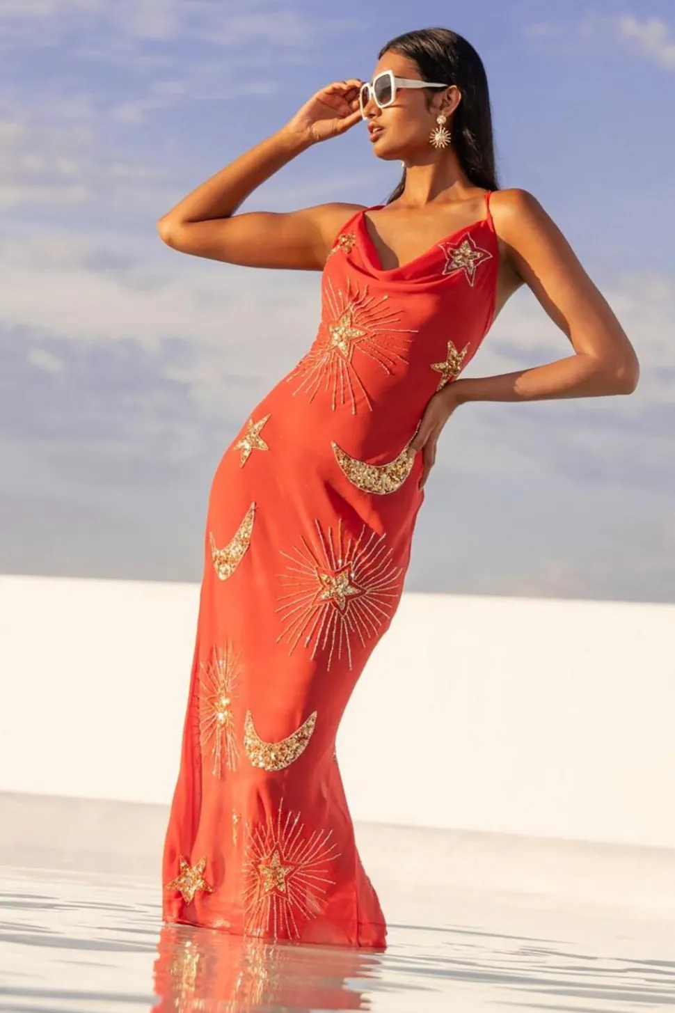 Premium Hand Embellished Celestial Cowl Neck Maxi Beach Dress | Nasty Gal