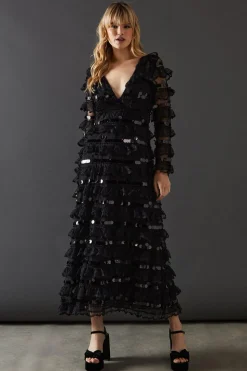 Premium Lace Sequin Frill Tier Plunge Neck Maxi Dress | Nasty Gal
