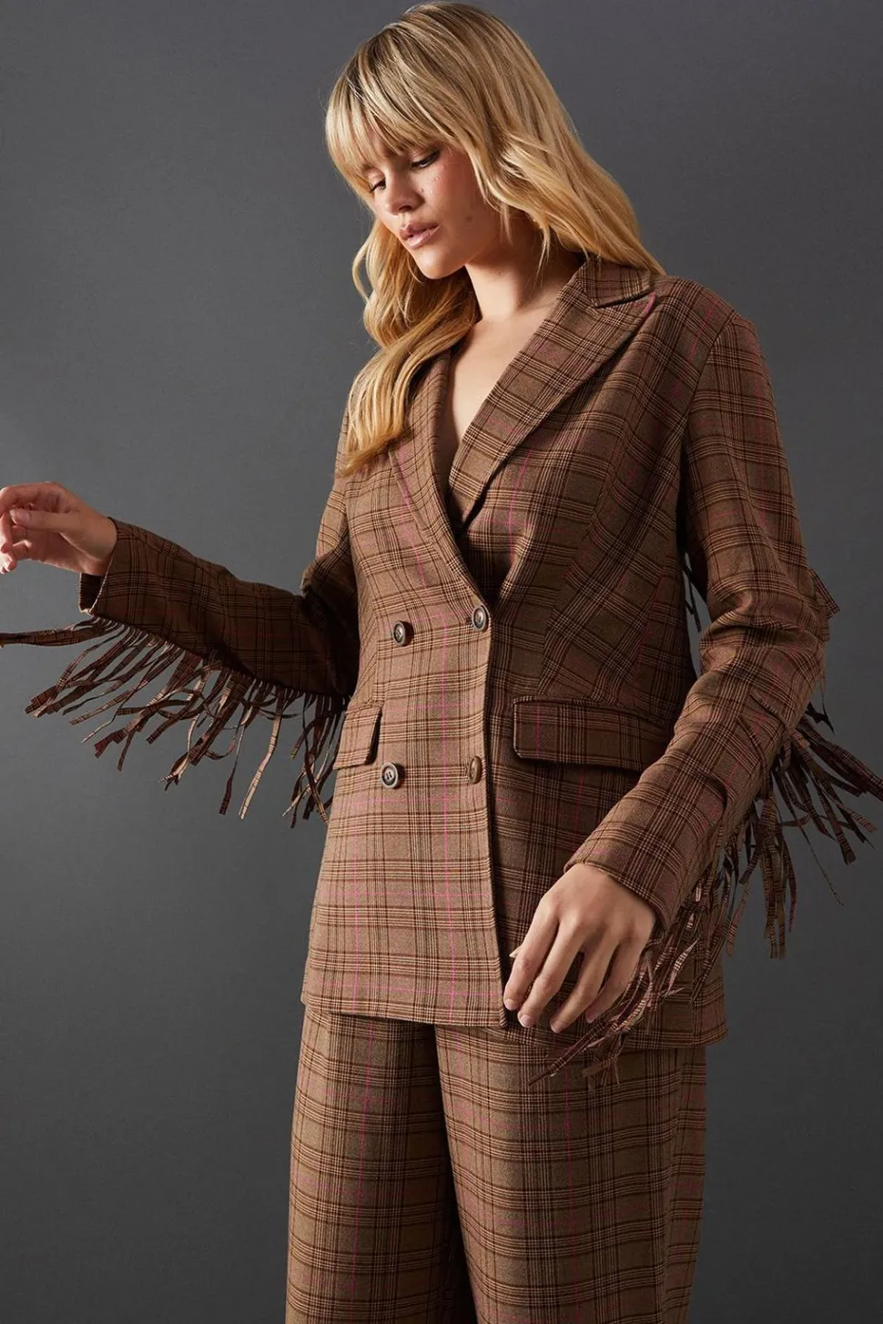 Premium Oversized Heritage Check Fringed Blazer | Nasty Gal