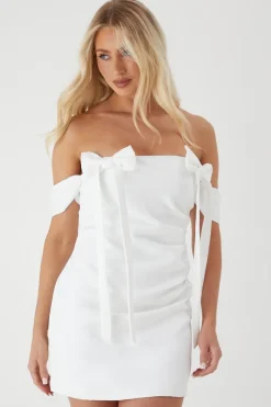 Premium Satin Bardot Bow Detail Bodycon Mini Dress | Nasty Gal