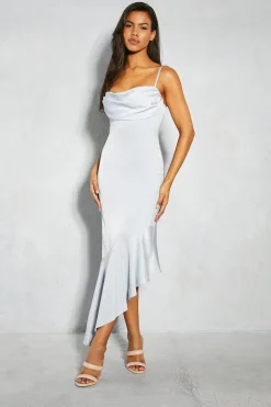 Premium Satin Draped Bust Frill Hem Midi Dress | Nasty Gal