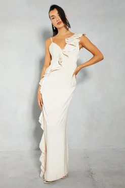 Premium Satin Frill Split Leg Maxi Slip Dress | Nasty Gal