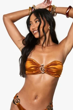 Premium Satin Gold Hardware Swirl Trim Bandeau Bikini Top | Nasty Gal
