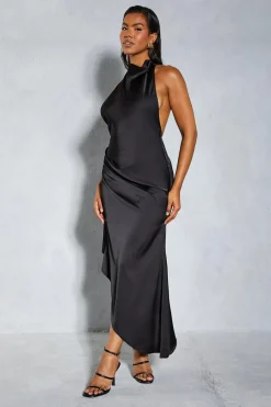 Premium Satin Halterneck Low Back Asymmetric Midi Dress | Nasty Gal