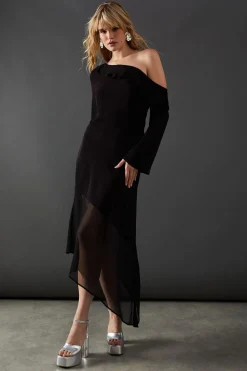 Premium Viscose Fallen Shoulder Chiffon Hem Midi Dress | Nasty Gal