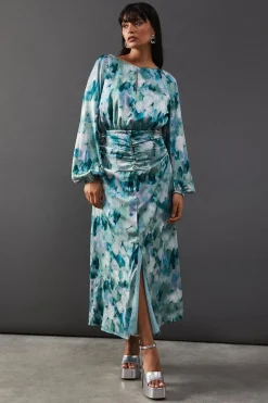 Print Satin Ruched Front Midi Dress | Nasty Gal