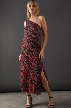 Print Sequin Fringe Embellished One Shoulder Midi Dress | Nasty Gal