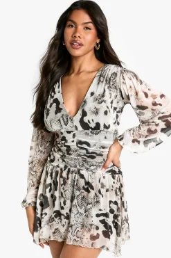 Printed Animal Mesh Ruched Waist Mini Dress | Nasty Gal