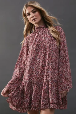 Printed Chiffon Drop Hem High Neck Flare Sleeve Mini Swing Dress | Nasty Gal