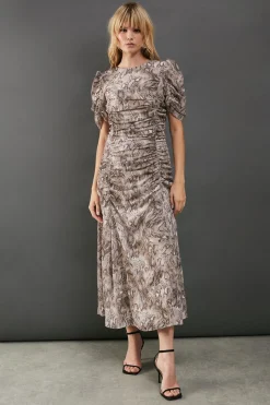 Printed Chiffon Puff Sleeve Seam Detail Midi Dress | Nasty Gal