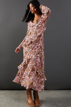 Printed Chiffon Ruffle Seam V Neck Midi Dress | Nasty Gal