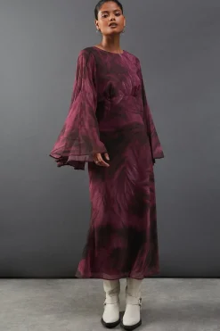 Printed Chiffon Slash Neck Cross Back Godet Sleeve Midi Dress | Nasty Gal