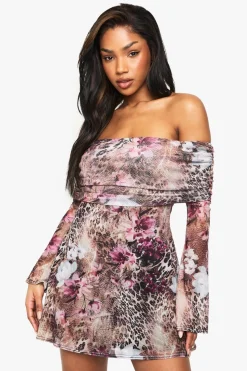 Printed Mesh Deep Bardot Mini Dress | Nasty Gal