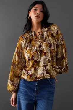Printed Metallic Jacquard Tie Neck Frill Collar Blouse | Nasty Gal