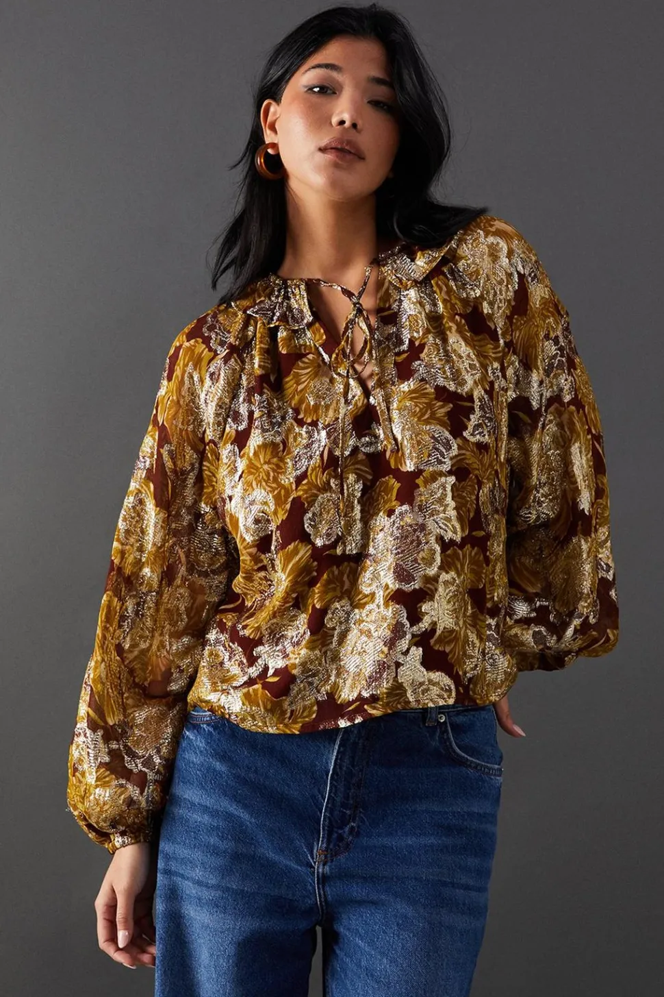Printed Metallic Jacquard Tie Neck Frill Collar Blouse | Nasty Gal