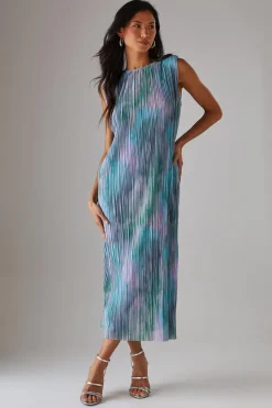 Printed Tie Dye Plisse Shoulder Pad Sleeveless Midi Dress | Nasty Gal