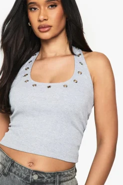 Rib Eyelet Detail Halterneck Top | Nasty Gal