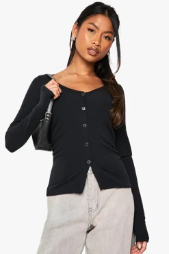 Rib Lace Trim Button Up Ruched Sid Long Sleeve Top | Nasty Gal
